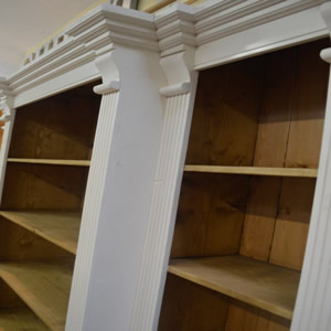 Breakfront Bookcase Painted French White with a Rustic Wax Interior 