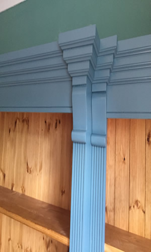 Breakfront Bookcase Painted French White with a Rustic Wax Interior 