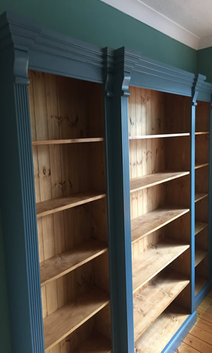 Breakfront Bookcase Painted French White with a Rustic Wax Interior 